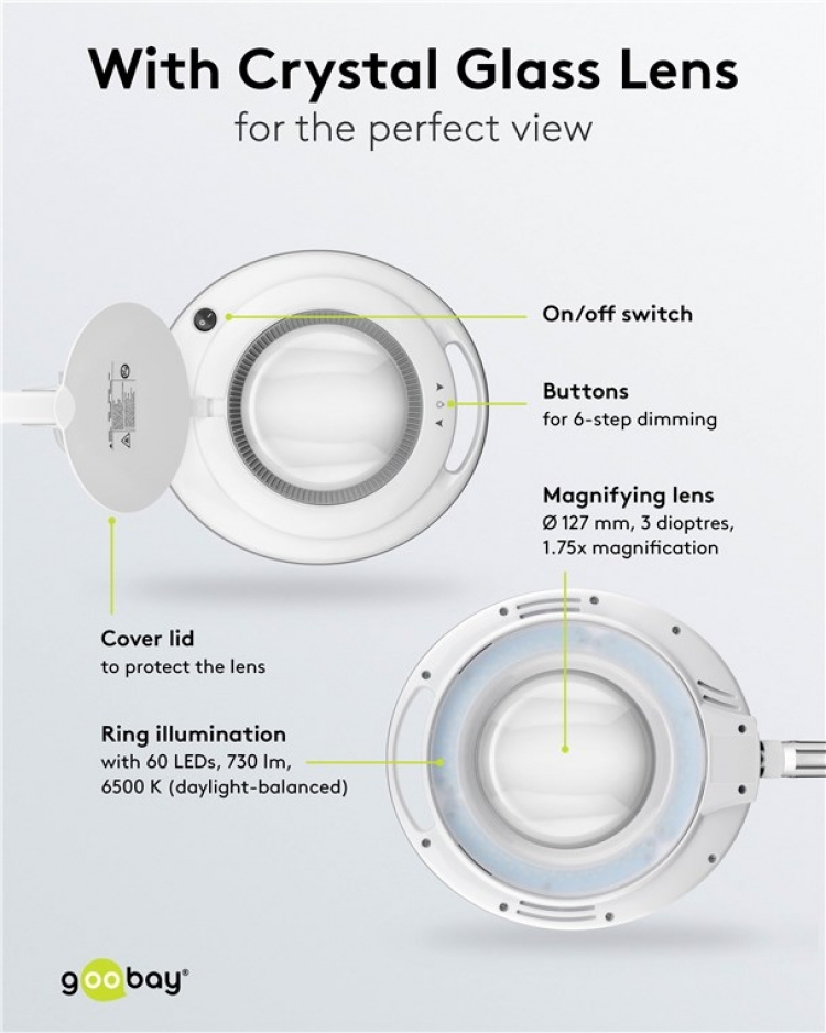 Goobay LED Magnifying Lamp with Clamp, 9 W, white 80-730 lm, dimmable, 127 mm crystal glass lens, 1.75x magnification, 3 dioptres