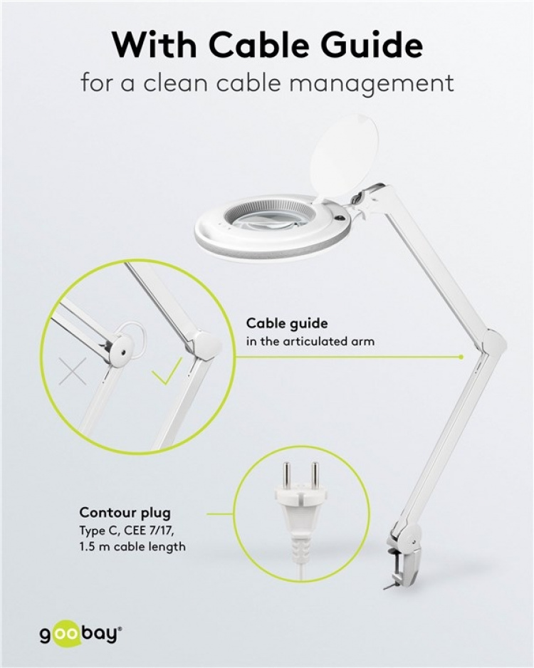 Goobay LED Magnifying Lamp with Clamp, 9 W, white 80-730 lm, dimmable, 127 mm crystal glass lens, 1.75x magnification, 3 dioptres