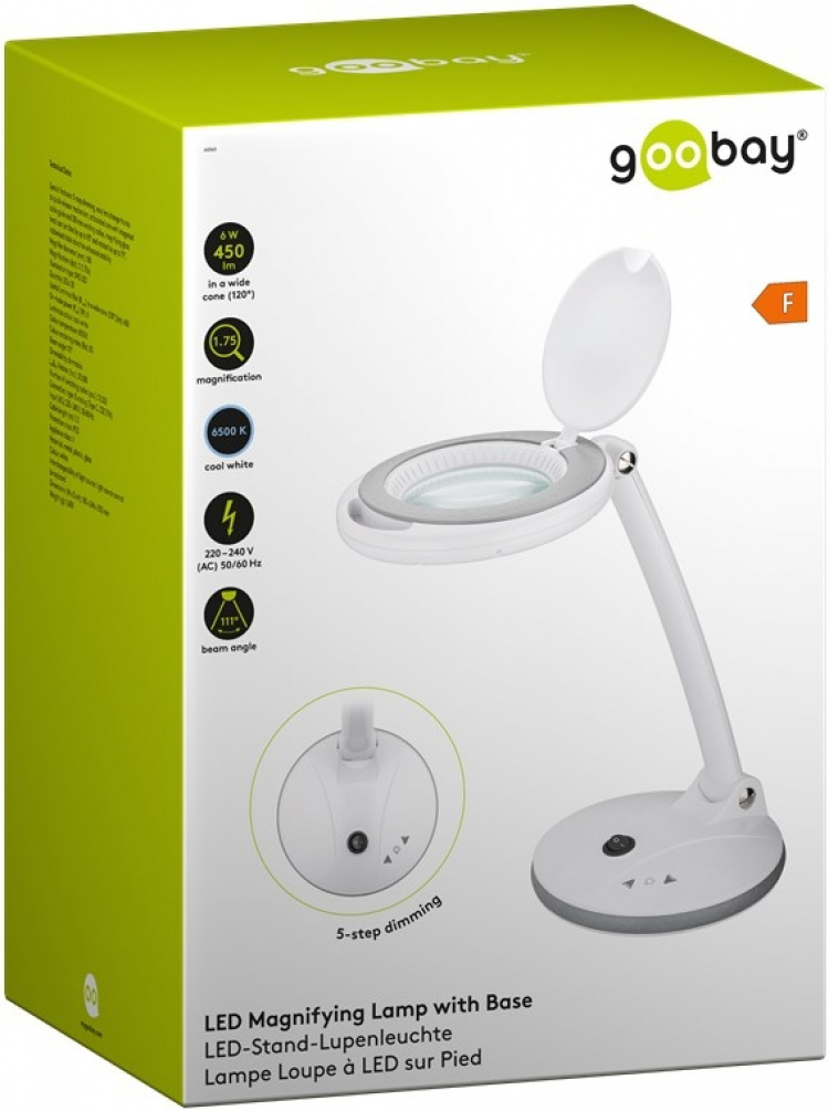 Goobay LED Magnifying Lamp with Base, 6 W, white 80-450 lm, dimmable, 100 mm glass lens, 1.75x magnification, 3 dioptres