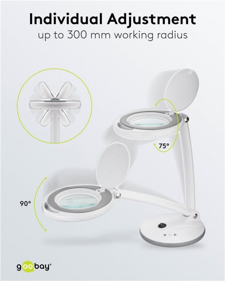 Goobay LED Magnifying Lamp with Base, 6 W, white 80-450 lm, dimmable, 100 mm glass lens, 1.75x magnification, 3 dioptres