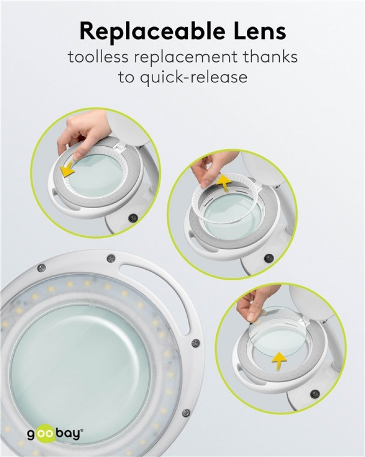 Goobay LED Magnifying Lamp with Base, 6 W, white 80-450 lm, dimmable, 100 mm glass lens, 1.75x magnification, 3 dioptres