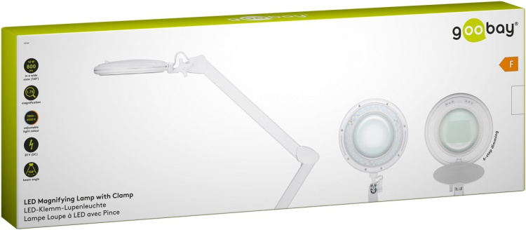 Goobay LED Magnifying Lamp with Clamp, 10 W, white 800 lm, brightness & light colour adjustable, 127 mm glass lens, 1.75x magnification, 3 dioptres
