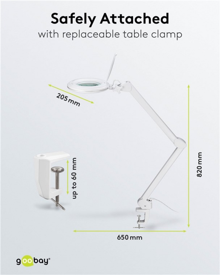 Goobay LED Magnifying Lamp with Clamp, 10 W, white 800 lm, brightness & light colour adjustable, 127 mm glass lens, 1.75x magnification, 3 dioptres