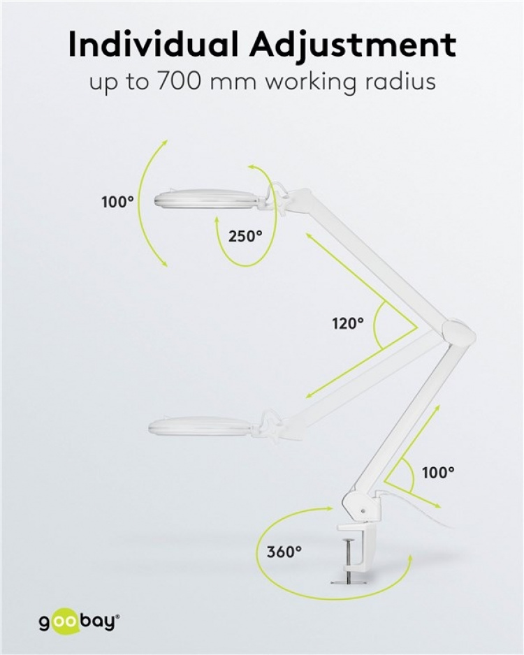 Goobay LED Magnifying Lamp with Clamp, 10 W, white 800 lm, brightness & light colour adjustable, 127 mm glass lens, 1.75x magnification, 3 dioptres