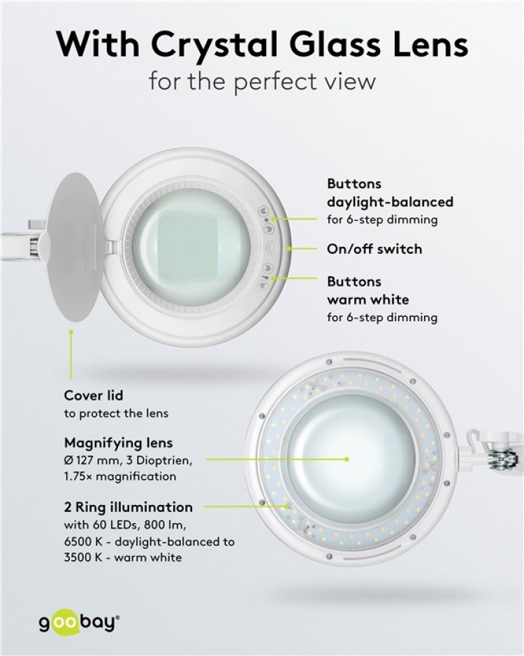 Goobay LED Magnifying Lamp with Clamp, 10 W, white 800 lm, brightness & light colour adjustable, 127 mm glass lens, 1.75x magnification, 3 dioptres