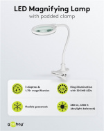 Goobay LED Magnifying Lamp with Clamp, 6 W, white 480 lm, 100 mm glass lens, 1.75x magnification, 3 dioptres Goobay LED Magnifying Lamp with Clamp, 6 W, white 480 lm, 100 mm glass lens, 1.75x magnification, 3 dioptres