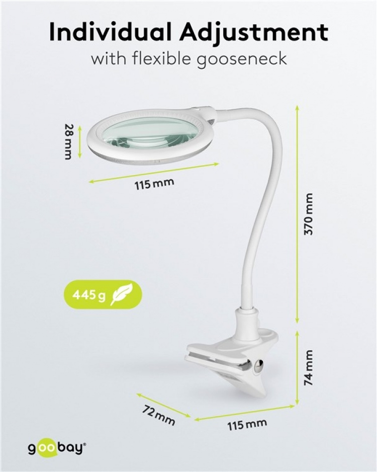 Goobay LED Magnifying Lamp with Clamp, 6 W, white 480 lm, 100 mm glass lens, 1.75x magnification, 3 dioptres Goobay LED Magnifying Lamp with Clamp, 6 W, white 480 lm, 100 mm glass lens, 1.75x magnification, 3 dioptres