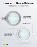 Goobay LED Magnifying Lamp with Clamp, 6 W, white 480 lm, 100 mm glass lens, 1.75x magnification, 3 dioptres Goobay LED Magnifying Lamp with Clamp, 6 W, white 480 lm, 100 mm glass lens, 1.75x magnification, 3 dioptres