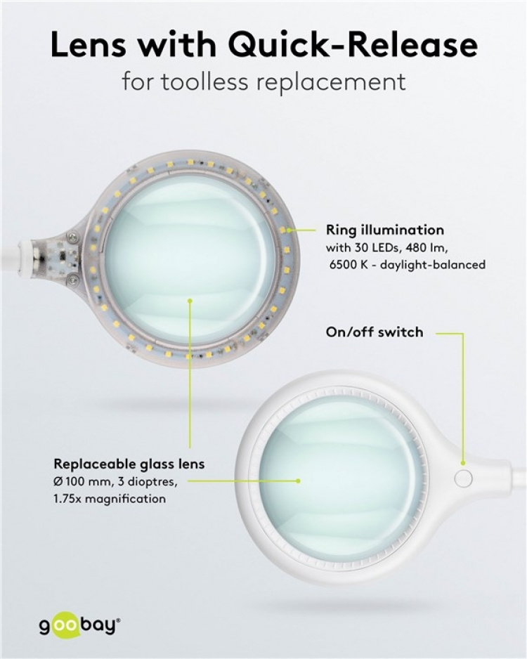 Goobay LED Magnifying Lamp with Clamp, 6 W, white 480 lm, 100 mm glass lens, 1.75x magnification, 3 dioptres Goobay LED Magnifying Lamp with Clamp, 6 W, white 480 lm, 100 mm glass lens, 1.75x magnification, 3 dioptres