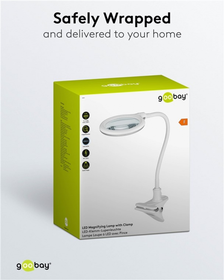 Goobay LED Magnifying Lamp with Clamp, 6 W, white 480 lm, 100 mm glass lens, 1.75x magnification, 3 dioptres Goobay LED Magnifying Lamp with Clamp, 6 W, white 480 lm, 100 mm glass lens, 1.75x magnification, 3 dioptres