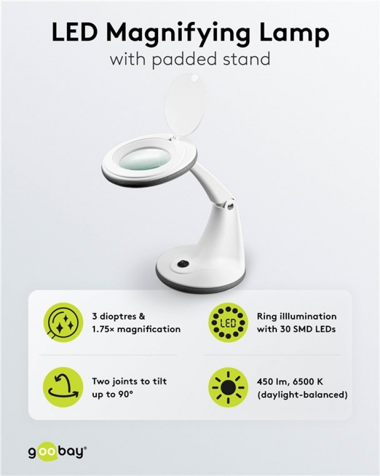 Goobay LED Magnifying Lamp with Base, 6 W, white 450 lm, 100 mm glass lens, 1.75x magnification, 3 dioptres