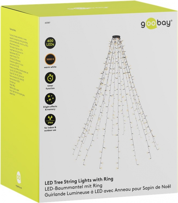 Goobay 400 LED Tree String Lights with Ring with timer and memory function, 8 light modes, 24 V external transformer, warm white (3000 K), for indoor and outdoor use (IP44)
