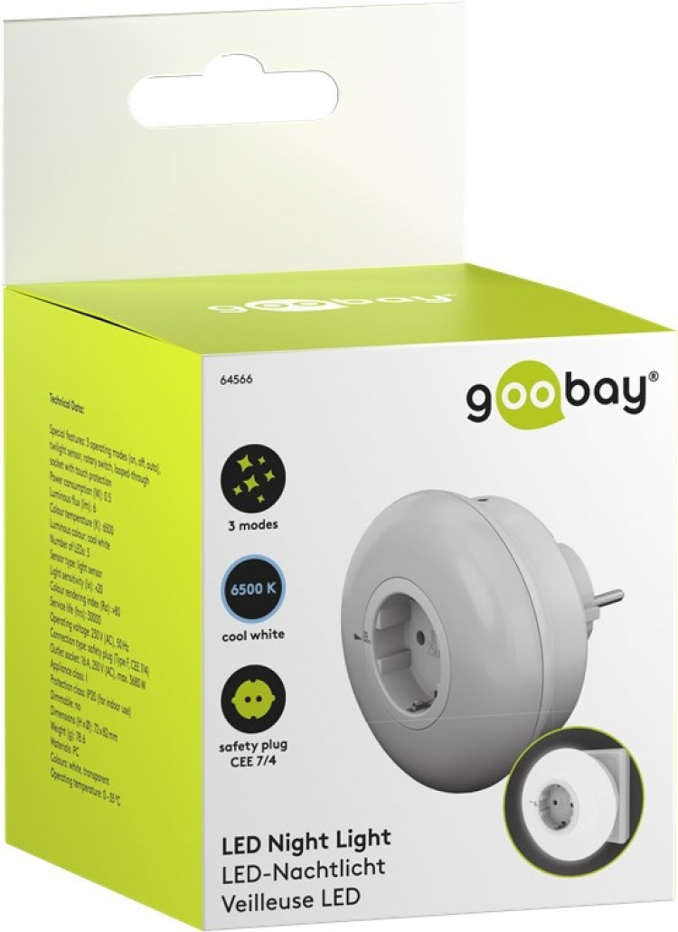 Goobay Plug-in LED Night Light with 3 operating modes (On, Off, Auto), automatic twilight sensor and safety socket (type F) Goobay Plug-in LED Night Light with 3 operating modes (On, Off, Auto), automatic twilight sensor and safety socket (type F)