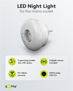 Goobay Plug-in LED Night Light with 3 operating modes (On, Off, Auto), automatic twilight sensor and safety socket (type F) Goobay Plug-in LED Night Light with 3 operating modes (On, Off, Auto), automatic twilight sensor and safety socket (type F)