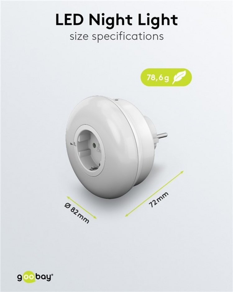 Goobay Plug-in LED Night Light with 3 operating modes (On, Off, Auto), automatic twilight sensor and safety socket (type F) Goobay Plug-in LED Night Light with 3 operating modes (On, Off, Auto), automatic twilight sensor and safety socket (type F)