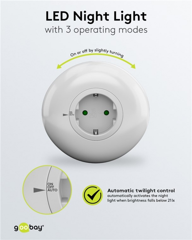 Goobay Plug-in LED Night Light with 3 operating modes (On, Off, Auto), automatic twilight sensor and safety socket (type F) Goobay Plug-in LED Night Light with 3 operating modes (On, Off, Auto), automatic twilight sensor and safety socket (type F)