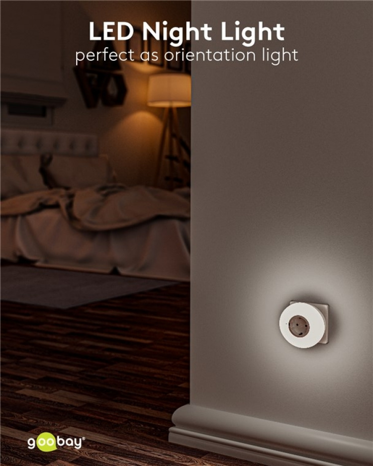 Goobay Plug-in LED Night Light with 3 operating modes (On, Off, Auto), automatic twilight sensor and safety socket (type F) Goobay Plug-in LED Night Light with 3 operating modes (On, Off, Auto), automatic twilight sensor and safety socket (type F)