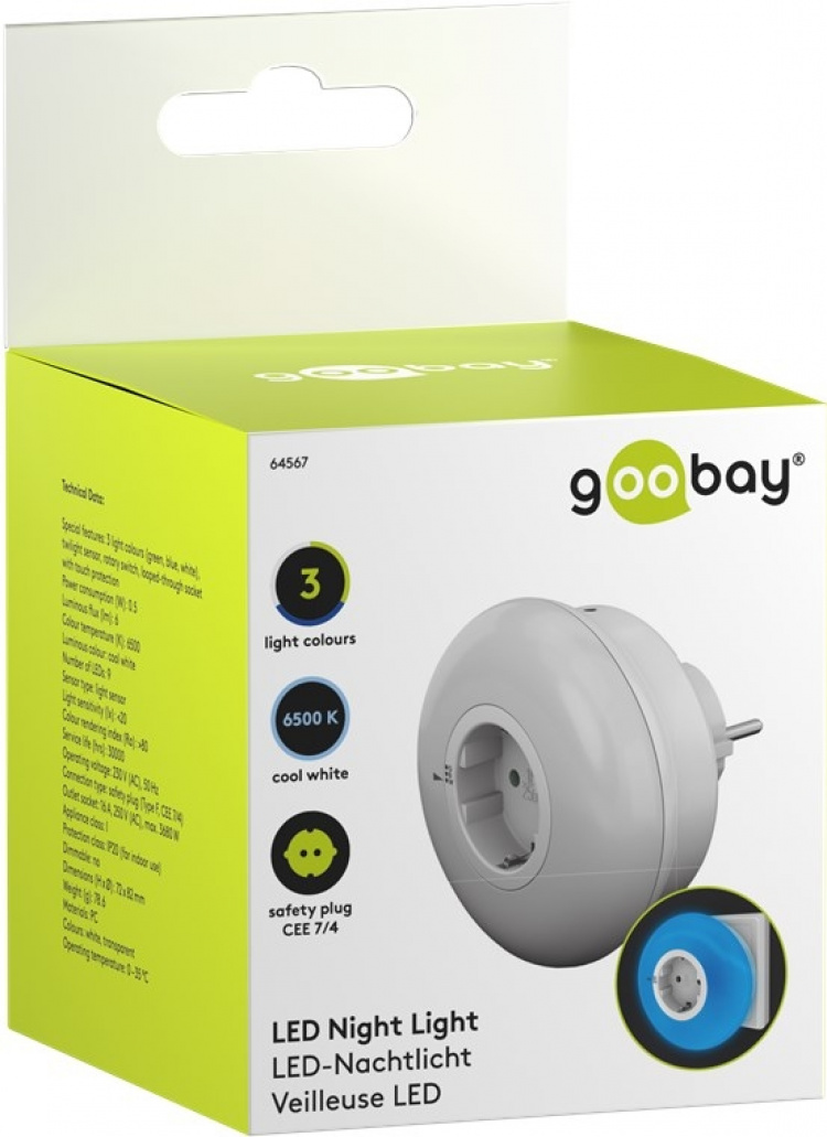 Goobay Plug-in LED Night Light with colour change function (green, blue, daylight-balanced), automatic twilight sensor and safety socket (type F)