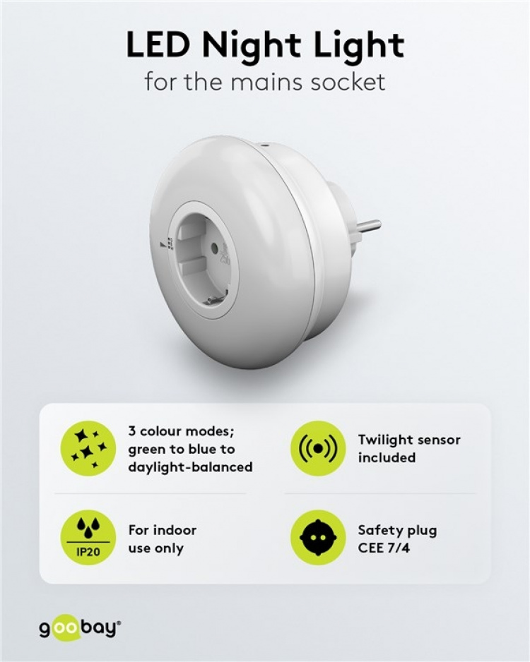 Goobay Plug-in LED Night Light with colour change function (green, blue, daylight-balanced), automatic twilight sensor and safety socket (type F)