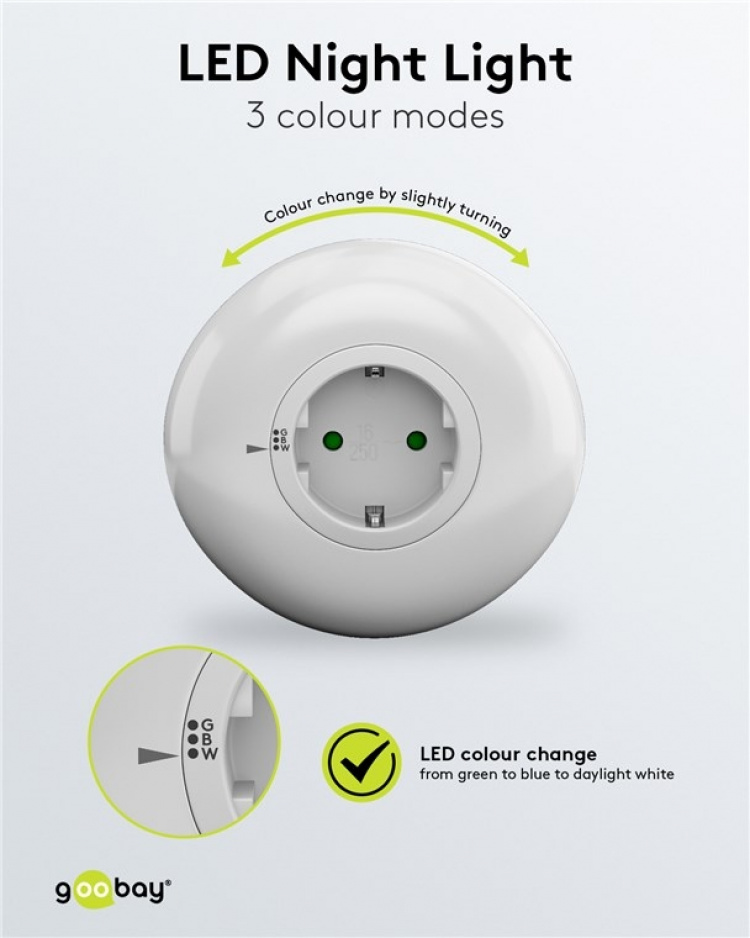 Goobay Plug-in LED Night Light with colour change function (green, blue, daylight-balanced), automatic twilight sensor and safety socket (type F)