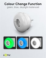Goobay Plug-in LED Night Light with colour change function (green, blue, daylight-balanced), automatic twilight sensor and safety socket (type F)
