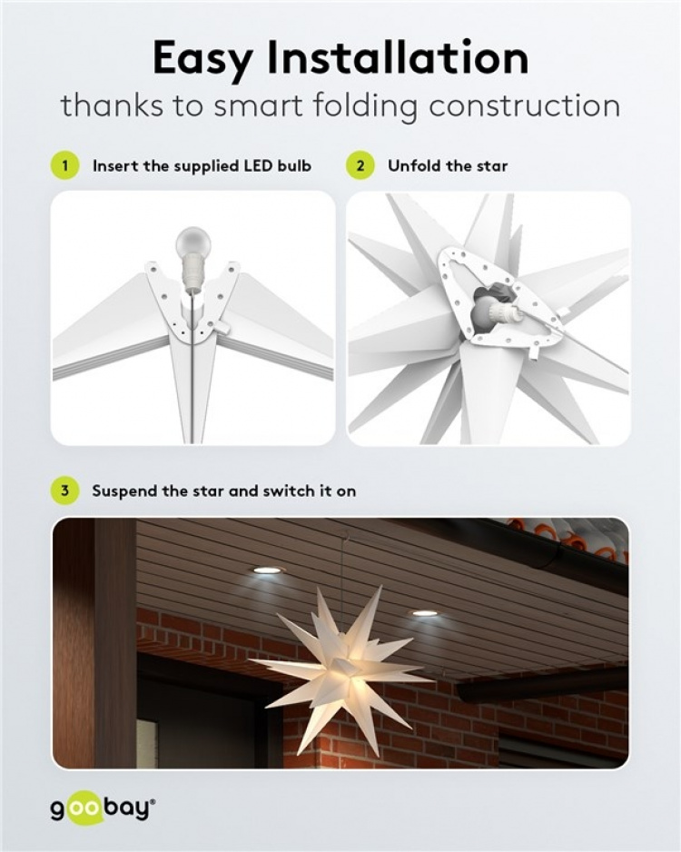 Goobay LED Christmas Star 3D, Ø 56 cm, battery-operated with timer and 18 points, warm white (3000 K), made of weatherproof plastic (IP44), 2 m cable Goobay LED Christmas Star 3D, Ø 56 cm, battery-operated with timer and 18 points, warm white (3000 K), made of weatherproof plastic (IP44), 2 m cable