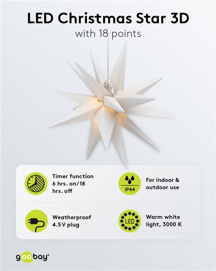 Goobay LED Christmas Star 3D, Ø 56 cm, 4.5 V outdoor transformer with timer and 18 points, warm white (3000 K), made of weatherproof plastic (IP44), 9.5 m cable Goobay LED Christmas Star 3D, Ø 56 cm, 4.5 V outdoor transformer with timer and 18 points, warm white (3000 K), made of weatherproof plastic (IP44), 9.5 m cable
