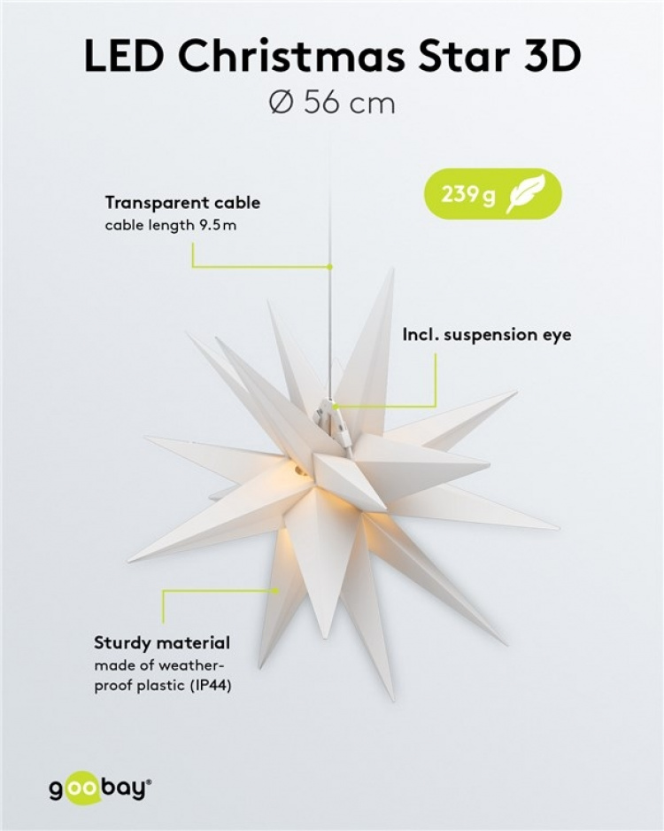 Goobay LED Christmas Star 3D, Ø 56 cm, 4.5 V outdoor transformer with timer and 18 points, warm white (3000 K), made of weatherproof plastic (IP44), 9.5 m cable Goobay LED Christmas Star 3D, Ø 56 cm, 4.5 V outdoor transformer with timer and 18 points, warm white (3000 K), made of weatherproof plastic (IP44), 9.5 m cable