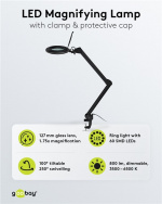 Goobay LED Magnifying Lamp with Clamp, 10 W, black 800 lm, brightness & light colour adjustable, 127 mm glass lens, 1.75x magnification, 3 dioptres