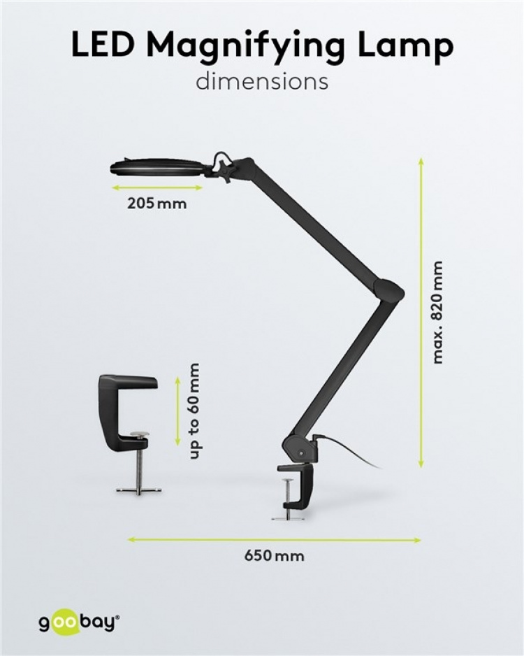 Goobay LED Magnifying Lamp with Clamp, 10 W, black 800 lm, brightness & light colour adjustable, 127 mm glass lens, 1.75x magnification, 3 dioptres