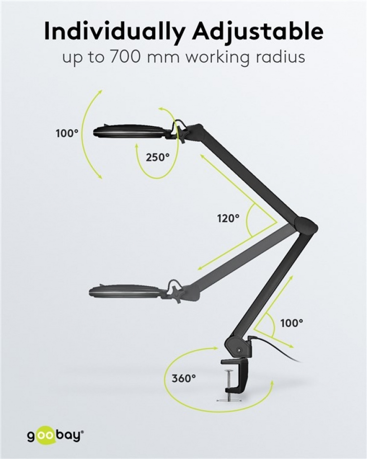 Goobay LED Magnifying Lamp with Clamp, 10 W, black 800 lm, brightness & light colour adjustable, 127 mm glass lens, 1.75x magnification, 3 dioptres