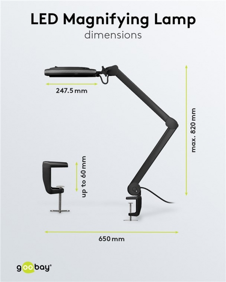 Goobay LED Magnifying Lamp with Clamp, 9 W, black 80-730 lm, dimmable, 127 mm crystal glass lens, 1.75x magnification, 3 dioptres Goobay LED Magnifying Lamp with Clamp, 9 W, black 80-730 lm, dimmable, 127 mm crystal glass lens, 1.75x magnification, 3 dioptres