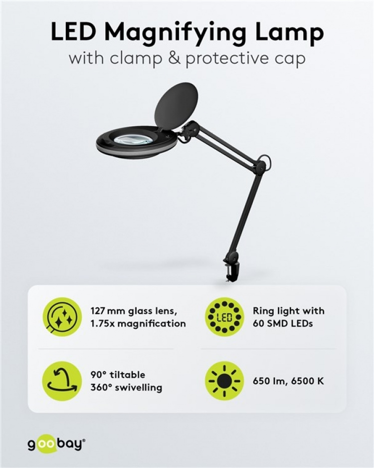 Goobay LED Magnifying Lamp with Clamp, 8 W, black 650 lm, 127 mm glass lens, 1.75x magnification, 3 dioptres