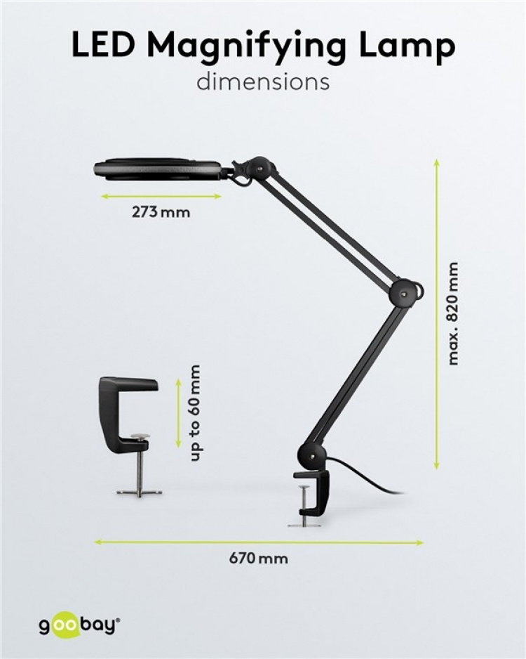 Goobay LED Magnifying Lamp with Clamp, 8 W, black 650 lm, 127 mm glass lens, 1.75x magnification, 3 dioptres