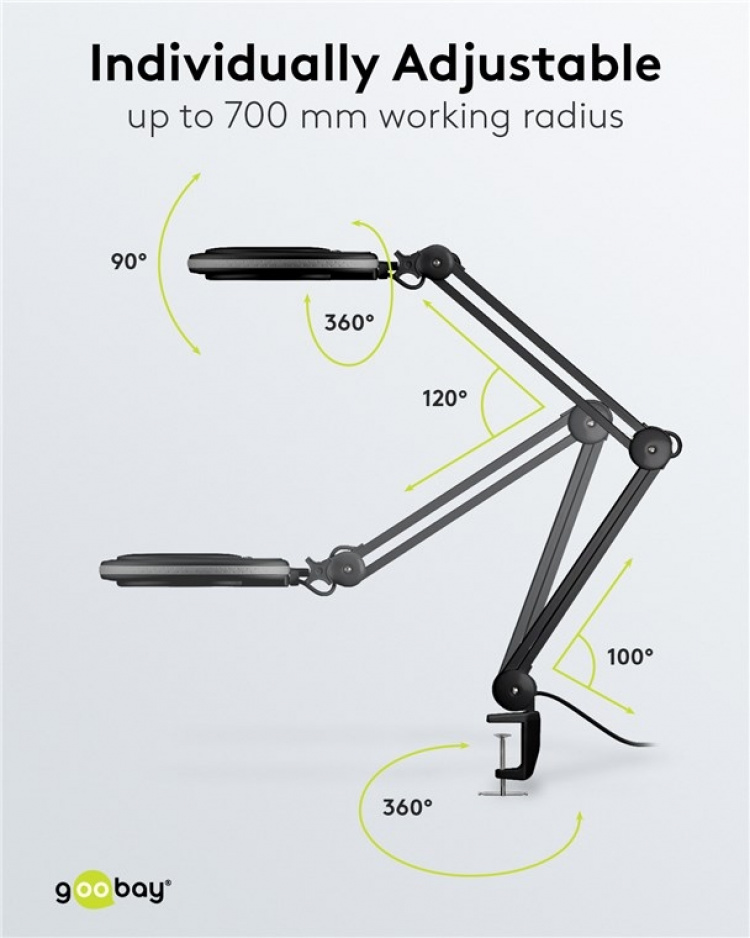 Goobay LED Magnifying Lamp with Clamp, 8 W, black 650 lm, 127 mm glass lens, 1.75x magnification, 3 dioptres