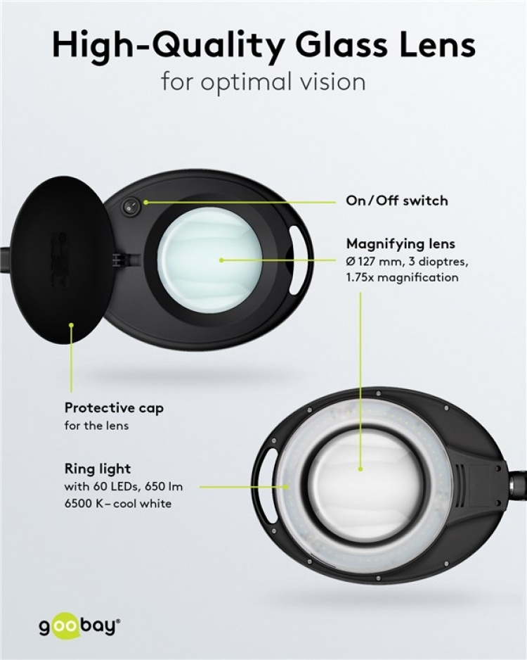 Goobay LED Magnifying Lamp with Clamp, 8 W, black 650 lm, 127 mm glass lens, 1.75x magnification, 3 dioptres