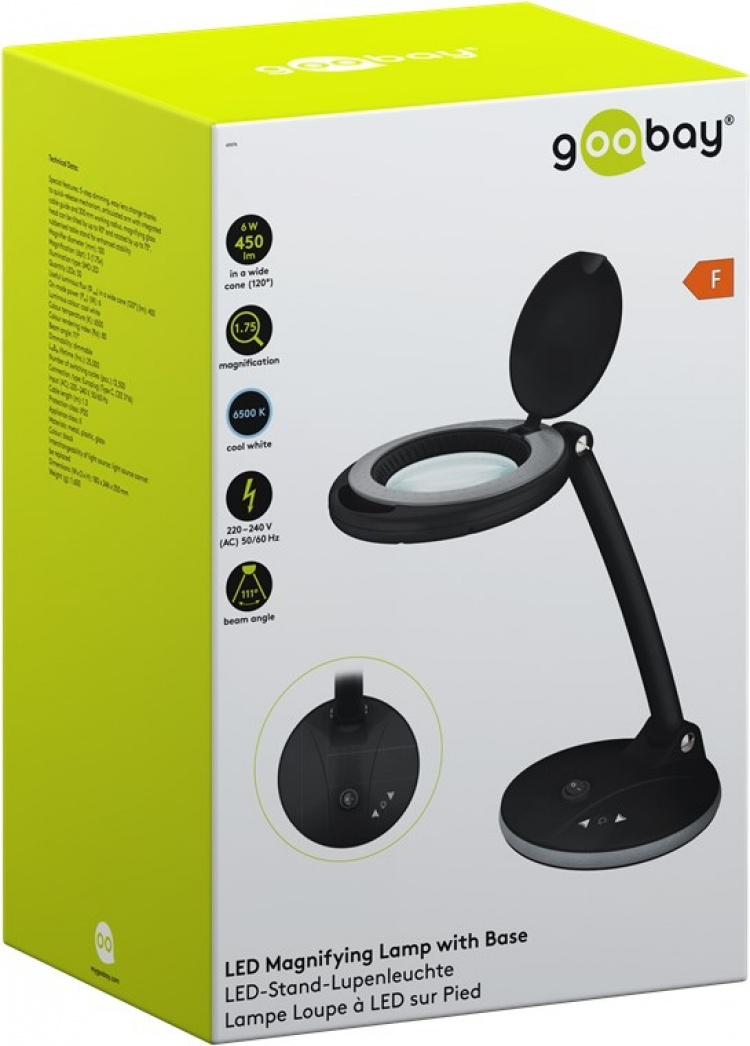 Goobay LED Magnifying Lamp with Base, 6 W, black 80-450 lm, dimmable, 100 mm glass lens, 1.75x magnification, 3 dioptres Goobay LED Magnifying Lamp with Base, 6 W, black 80-450 lm, dimmable, 100 mm glass lens, 1.75x magnification, 3 dioptres