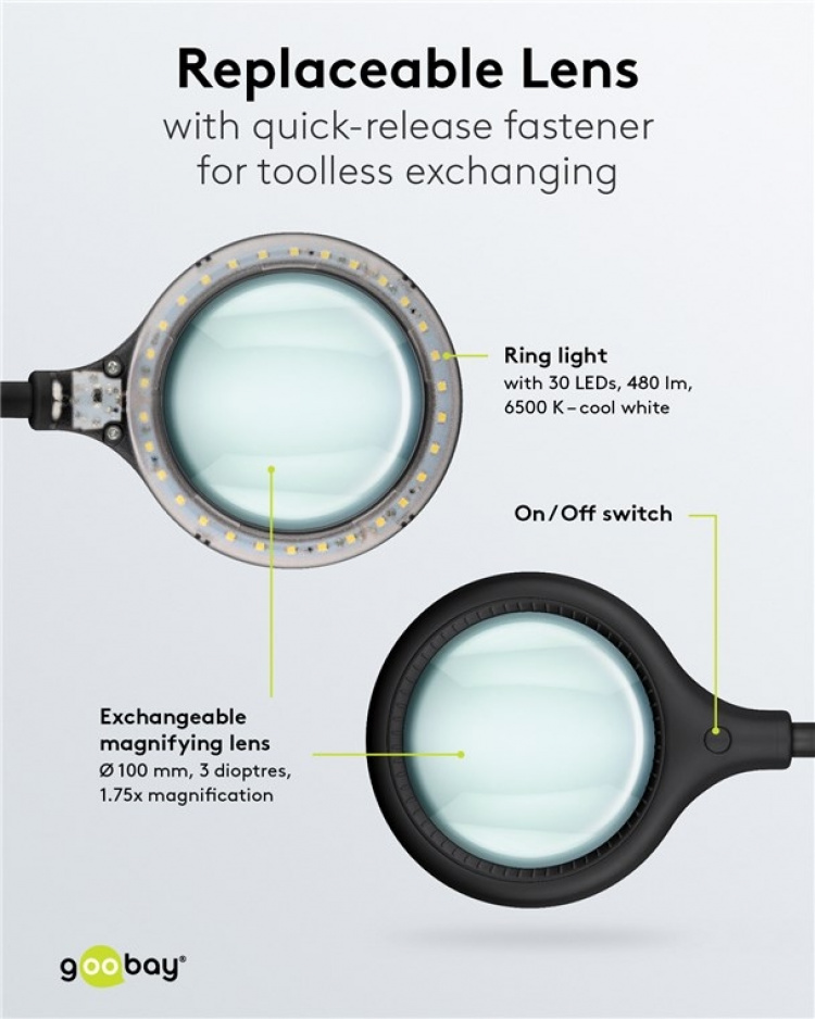 Goobay LED Magnifying Lamp with Clamp, 6 W, black 480 lm, 100 mm glass lens, 1.75x magnification, 3 dioptres