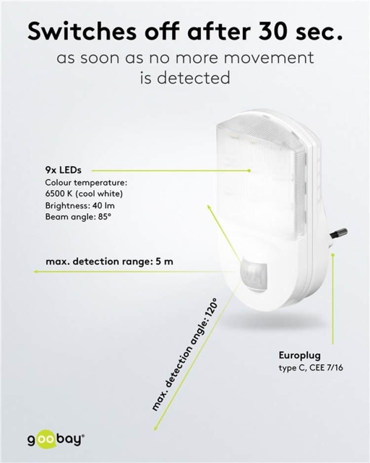 Goobay LED Night Light with Motion Detector cool white, 120° detection, 5 m range, for indoor use (IP20) Goobay LED Night Light with Motion Detector cool white, 120° detection, 5 m range, for indoor use (IP20)