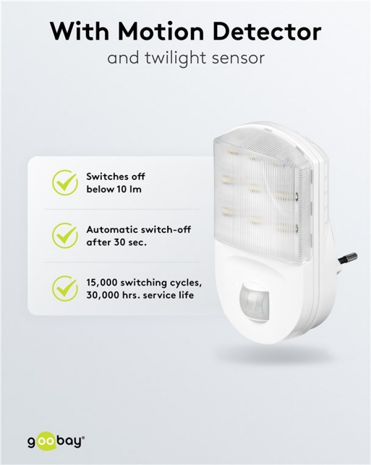 Goobay LED Night Light with Motion Detector cool white, 120° detection, 5 m range, for indoor use (IP20) Goobay LED Night Light with Motion Detector cool white, 120° detection, 5 m range, for indoor use (IP20)