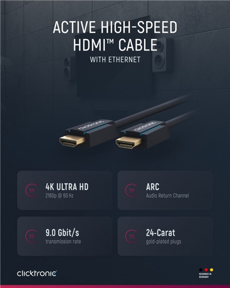 ClickTronic Aktiv Höghastighets HDMI™-kabel med Ethernet Premiumkabel | 1x HDMI™-kontakt >> 1x HDMI™-kontakt | 20,0 m | UHD 4K @ 60 Hz