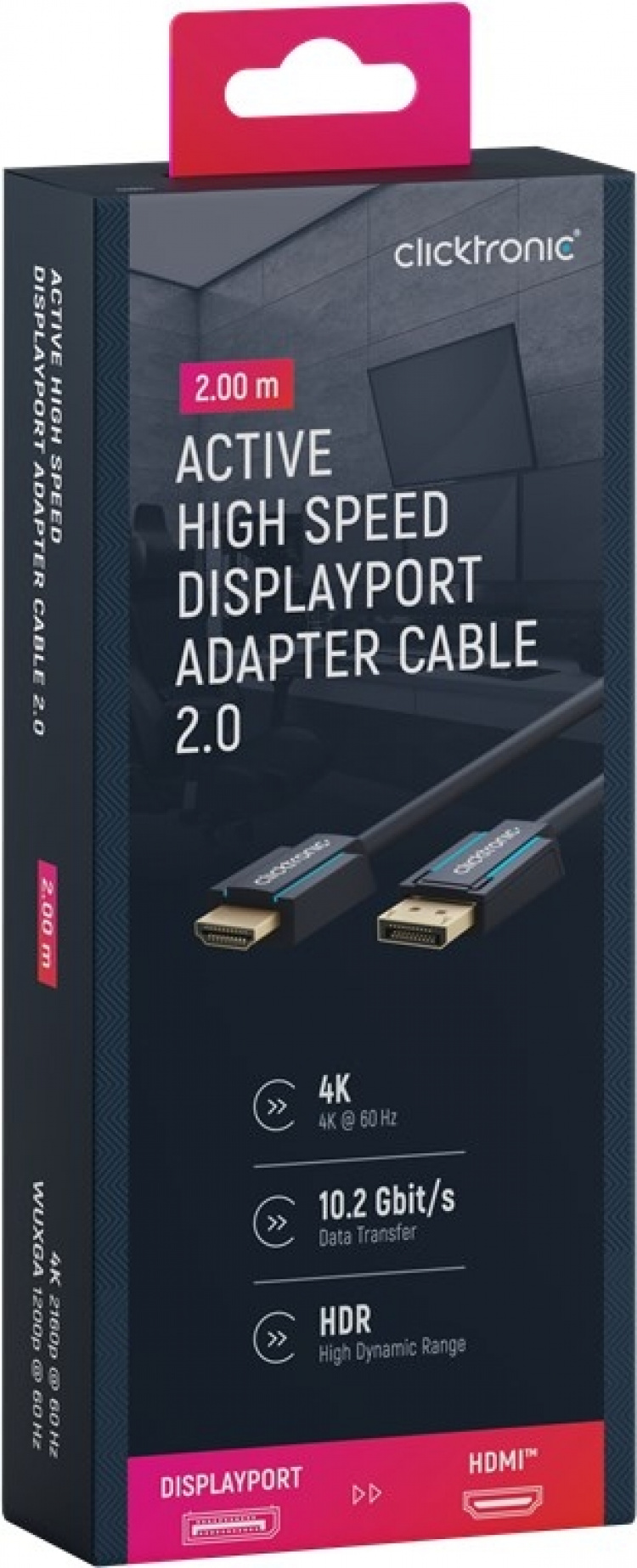 ClickTronic Adapterkabel för aktiv DisplayPort™ till HDMI™ (4K/60Hz) Premiumkabel | 1x DisplayPort™-kontakt >> 1x HDMI™-kontakt | 2,0 m | 4K @ 60 Hz ClickTronic Adapterkabel för aktiv DisplayPort™ till HDMI™ (4K/60Hz) Premiumkabel | 1x DisplayPort™-kontakt >> 1x HDMI™-kontakt | 2,0 m | 4K @ 60 Hz