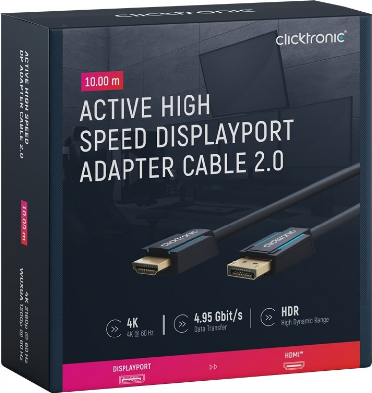 ClickTronic Adapterkabel för aktiv DisplayPort™ till HDMI™ (4K/60Hz) Premiumkabel | 1x DisplayPort™-kontakt >> 1x HDMI™-kontakt | 10,0 m | 4K @ 60 Hz