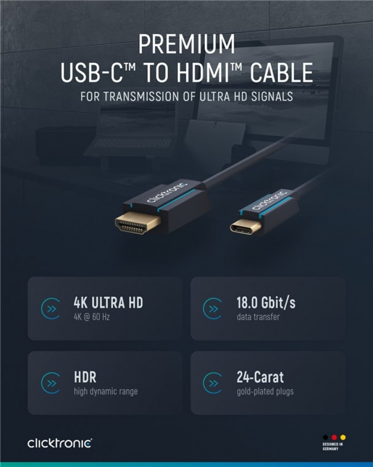 ClickTronic Adapterkabel från USB-C™ till HDMI™ Premiumkabel | USB-C™-kontakt HDMI™-kontakt | 1,0 m | 4K @ 60 Hz ClickTronic Adapterkabel från USB-C™ till HDMI™ Premiumkabel | USB-C™-kontakt HDMI™-kontakt | 1,0 m | 4K @ 60 Hz