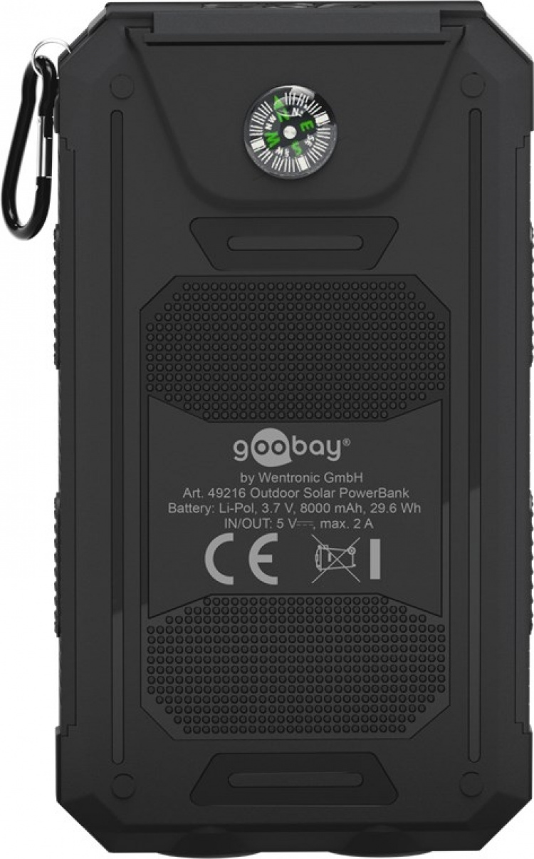 Goobay Outdoor Power Bank 8.0 (8,000 mAh) for outdoor adventures thanks to its robust design, solar panel and torch function