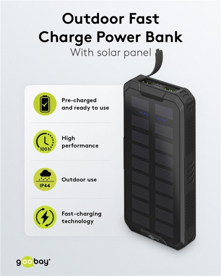 Goobay Outdoor Fast Charge Power Bank with Solar 20,000 mAh (USB C™ PD, QC 3.0) Robust all-round power supply for outdoor use