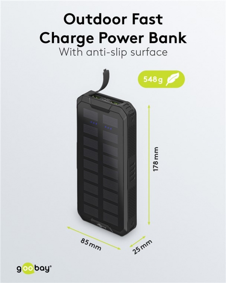 Goobay Outdoor Fast Charge Power Bank with Solar 20,000 mAh (USB C™ PD, QC 3.0) Robust all-round power supply for outdoor use