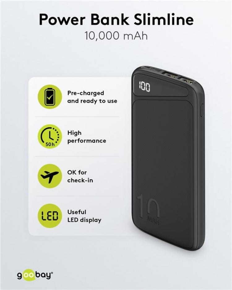Goobay Power Bank Slimline 10,000 mAh Powerful 10,000 mAh with a status display