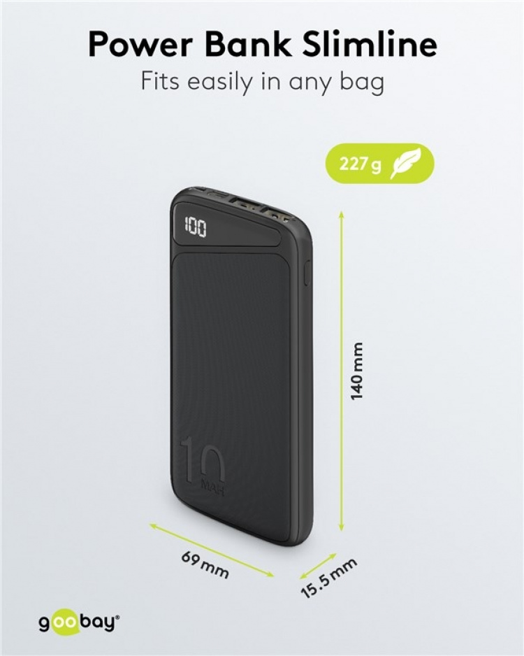 Goobay Power Bank Slimline 10,000 mAh Powerful 10,000 mAh with a status display