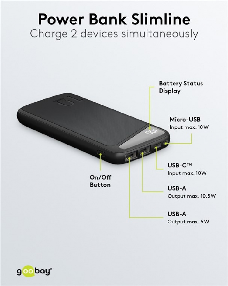 Goobay Power Bank Slimline 10,000 mAh Powerful 10,000 mAh with a status display